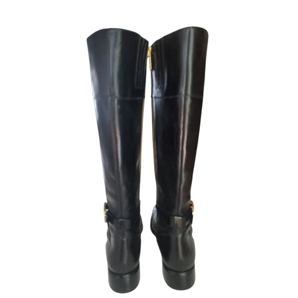 Michael Kors Bryce Black Leather Knee High Tall Riding Boots MK Logo Buckle 9